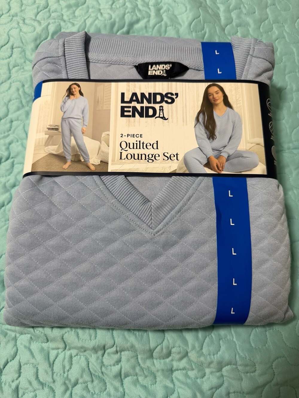 Lands' End Women's 2-Piece Quilted pajamas Set Blue Size Large